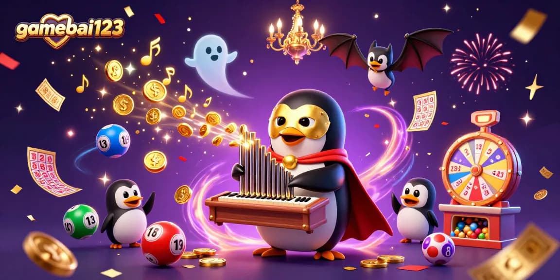 Experience the excitement of gamebai123 with our vibrant 3D casino illustration featuring a whimsical penguin and magical elements.