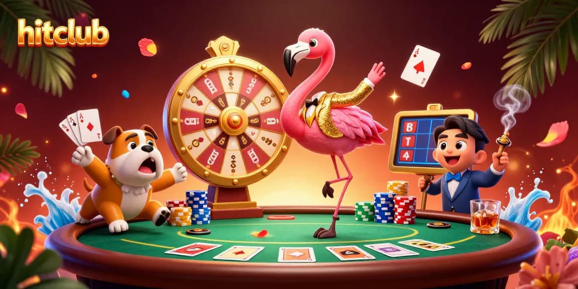 Hitclub offers thrilling gaming excitement as a bulldog contestant celebrates prizes with a flamingo host.