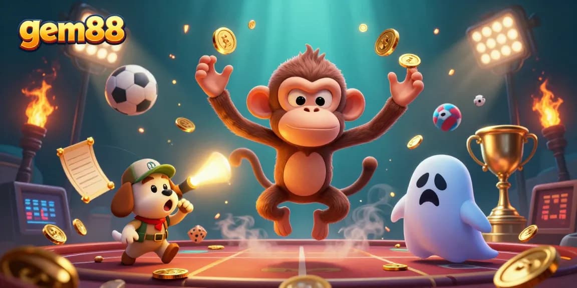Experience the thrill of gem88 with a mischievous poltergeist monkey juggling golden riches while being tracked by a curious puppy in a haunted casino.