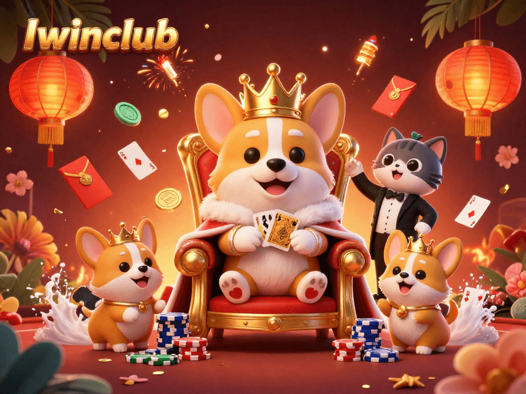 Iwinclub showcases an energetic royal corgi surrounded by poker elements in this vibrant illustration.