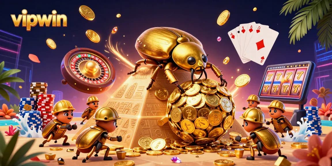 Experience vipwin with vibrant casino illustrations featuring golden symbols and exciting game elements.