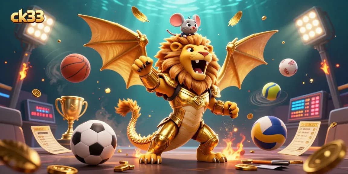 Experience thrilling gaming action with ck33 and a golden chimera surrounded by dynamic sports elements.