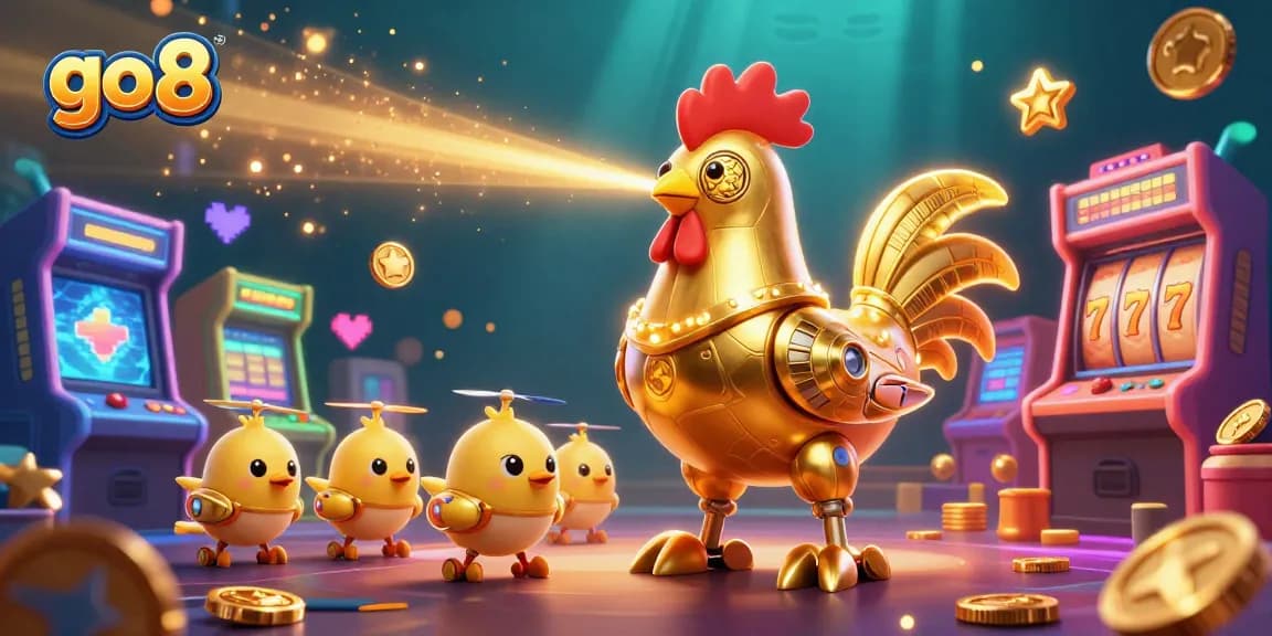 Experience the excitement at Go8, where a golden rooster robot and chick drones bring dynamic gaming fun!