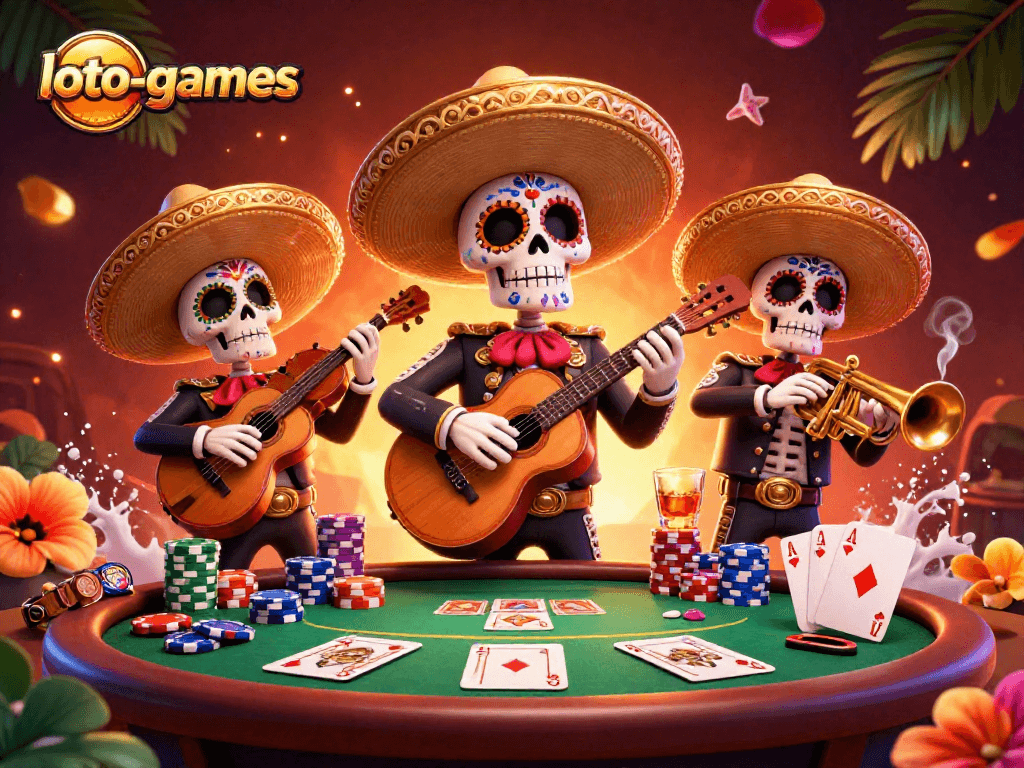Experience loto-games excitement with a vibrant Day of the Dead mariachi scene at the poker table.