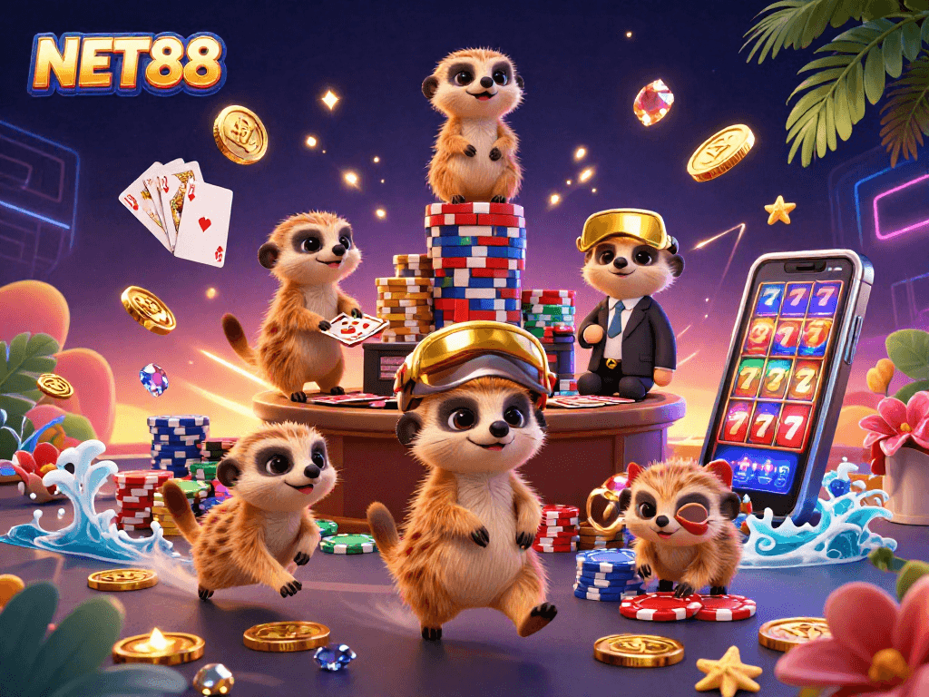NET88 meerkats showcase an animated casino scene with vibrant games and dazzling chips.