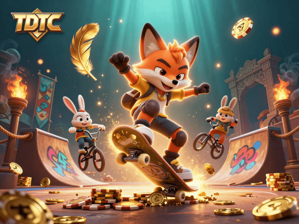 Engage in the thrilling TDTC gaming scene with a dynamic skateboarder fox and BMX rabbit.