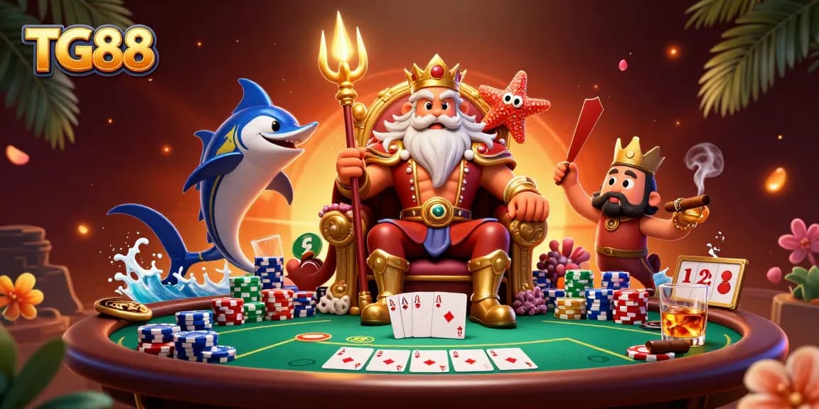 Play exciting games at TG88, showcasing a vibrant casino atmosphere with Neptune, poker elements, and a tropical backdrop.