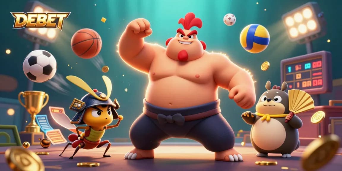 DEBET showcases a powerful sumo wrestler rooster, fierce samurai cricket, and a tanuki announcer in a dynamic casino scene.