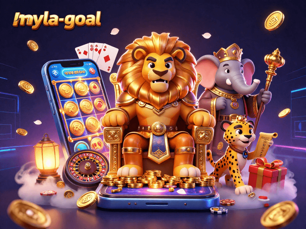 Engage in immersive gameplay with myla-goal featuring lion king, elephant, and cheetah amidst dynamic casino elements.