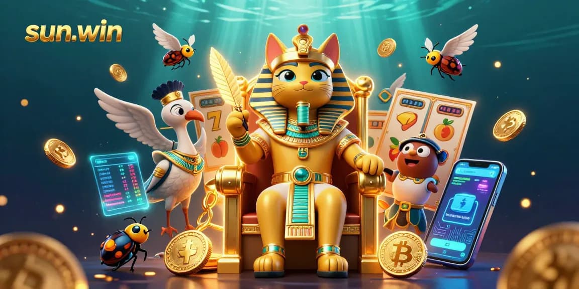 Experience winning spins with sun-win in this vibrant 3D casino scene filled with slot reels and crypto elements.