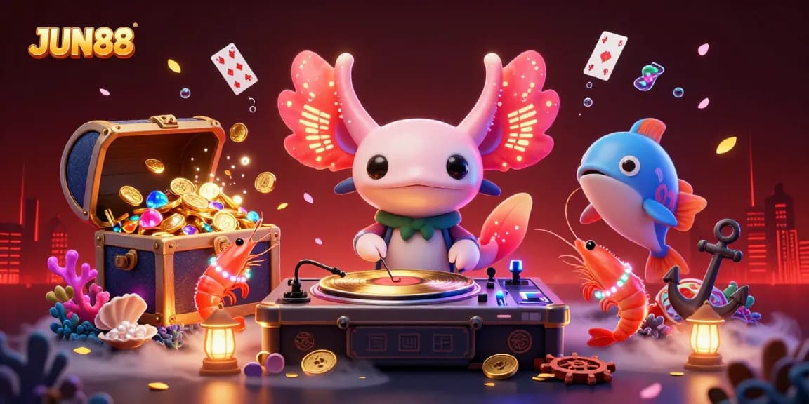 Experience JUN88's vibrant gaming atmosphere with a neon-colored axolotl DJ and exciting underwater elements.