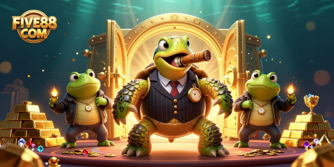 Experience FIVE88 COM's vibrant casino world with lively characters and golden treasures lighting up the scene.