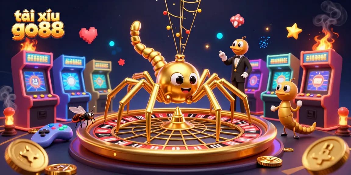 Tense fly places bets at tài xỉu go88 roulette web spun by a golden spider, with colorful gaming elements.