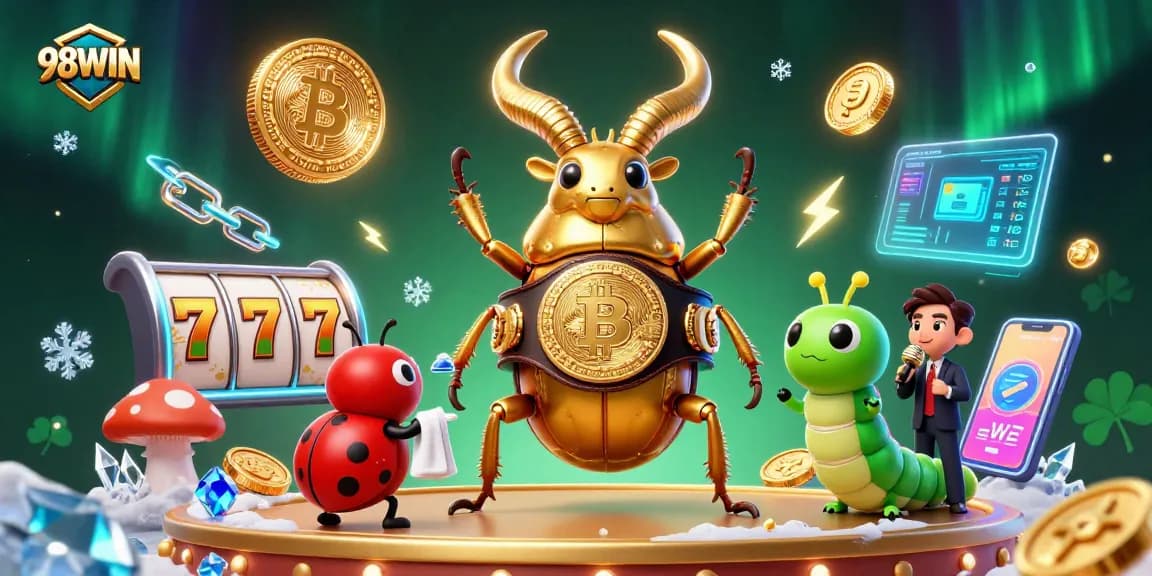 Engage with 98WIN in this vibrant 3D casino battle showing giant cartoon characters and slot elements