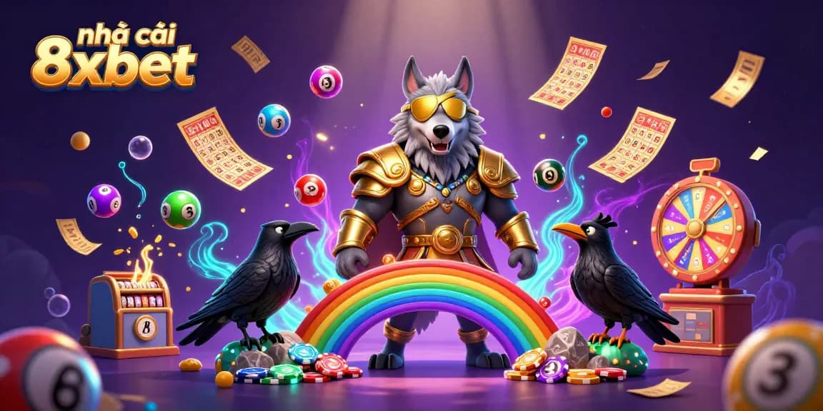 Experience the excitement of nhà cái 8xbet with a vibrant 3D casino illustration featuring mythical elements and casino activities.
