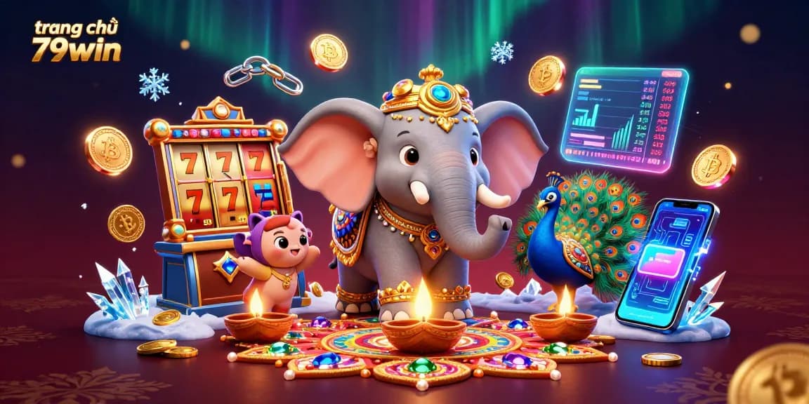 Immerse in the vibrant world of trang chủ 79win with a colorful 3D illustration featuring an elephant, peacock, and slot reels.