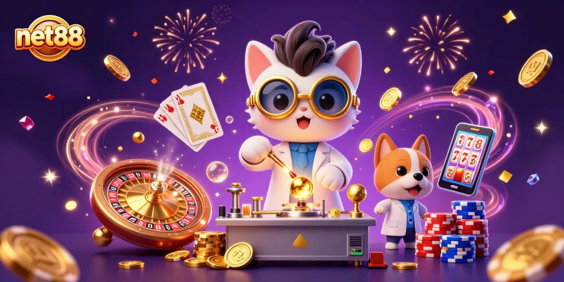 Experience the excitement at net88 with a vibrant casino-themed illustration showcasing dynamic gaming elements.