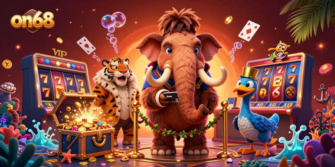 Experience on68’s vibrant gaming scene with a woolly mammoth bouncer, saber-tooth VIP, and exciting casino elements.