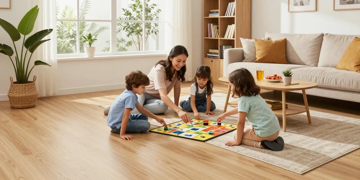 Affordable laminate flooring ideas in a cozy living room with a family enjoying quality time together.