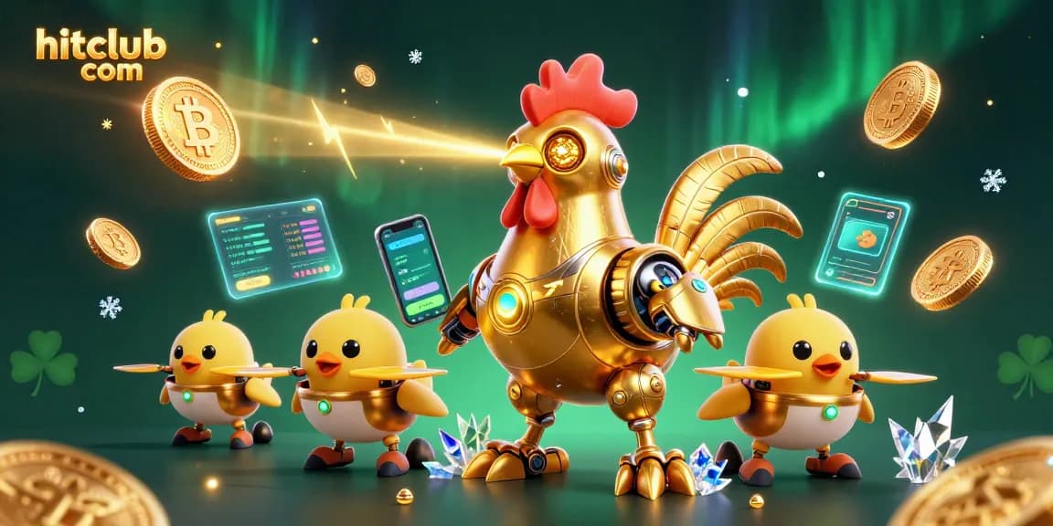 Engage with hitclub com on a thrilling 3D casino adventure featuring golden robot and baby chick drones.