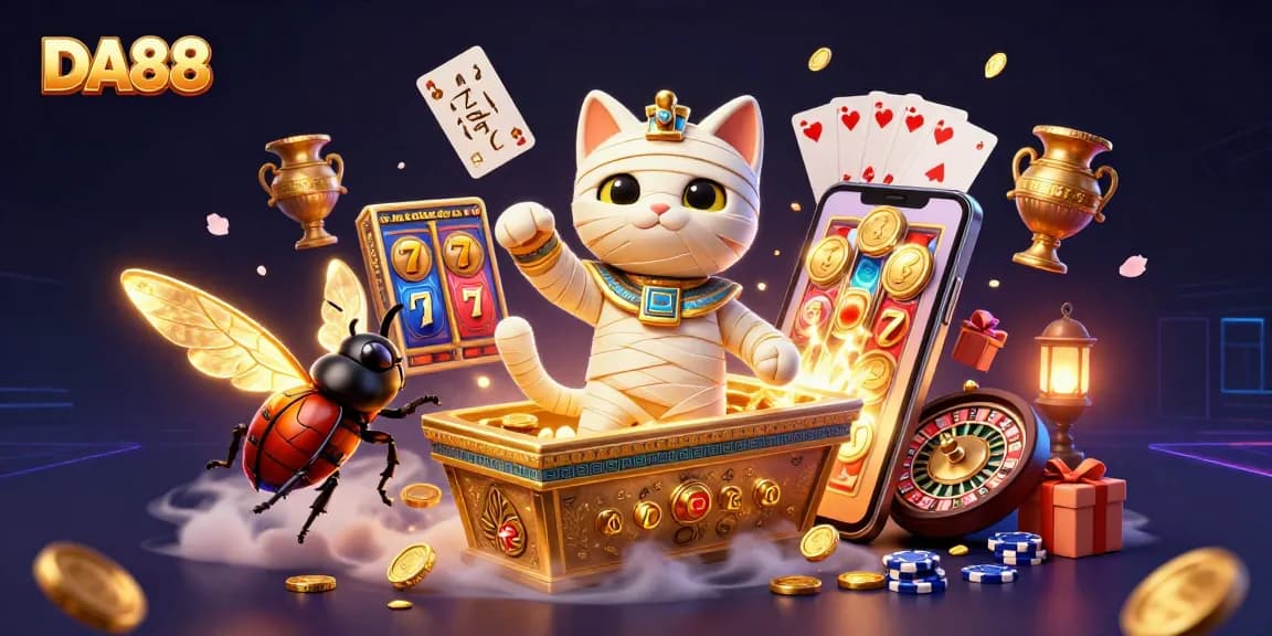 Experience the thrill of DA88 slots with an Egyptian mummy cat in a vibrant casino