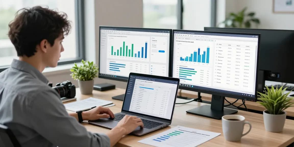 Analyze online payment gateway metrics in a modern e-commerce workspace with dual monitors and strategic planning notes.