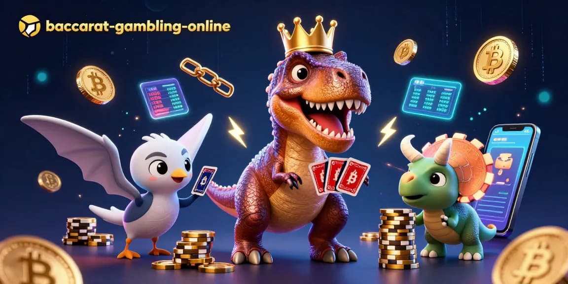 Baccarat-gambling-online scene featuring a friendly T-Rex shuffling cards and stacking chips for an engaging gaming experience.