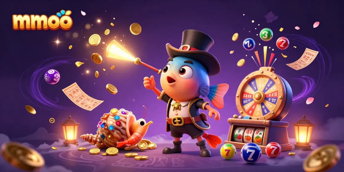 Win big with "mmoo" in an exciting casino scene featuring vibrant characters and dynamic game elements.