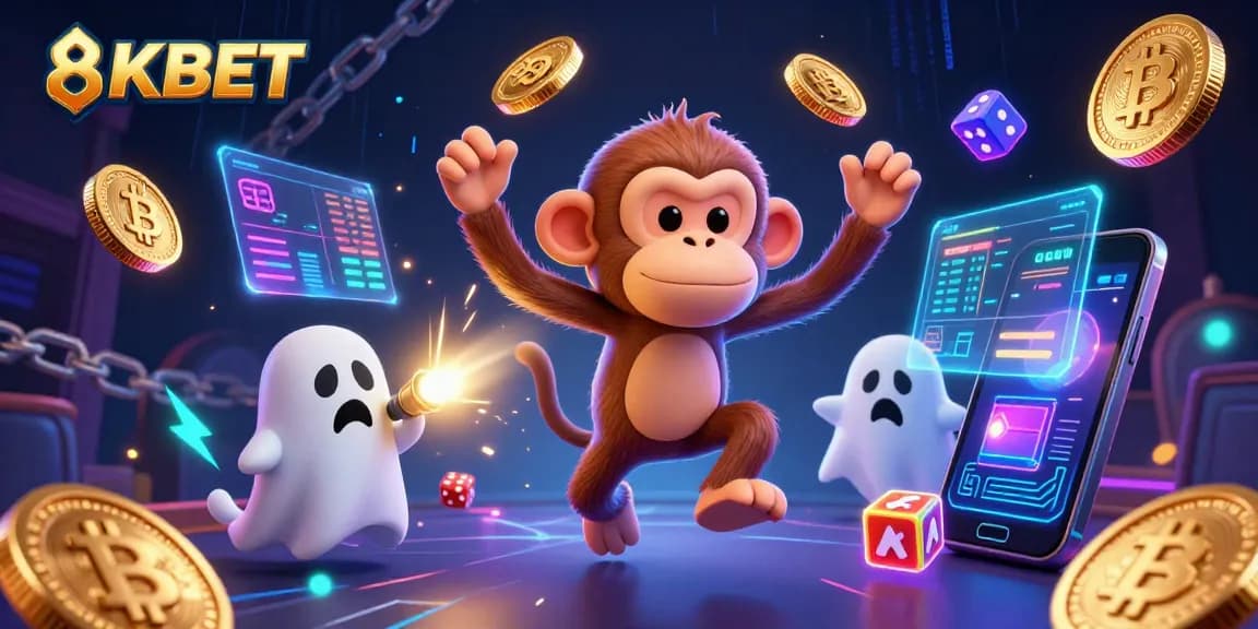 Experience thrilling games at 8KBET with our eccentric casino illustration featuring a playful monkey and puppy.