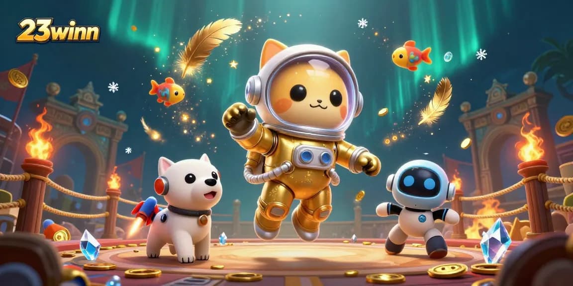 Engage with thrilling casino excitement at 23winn featuring a cartoon astronaut cat and robot dog.