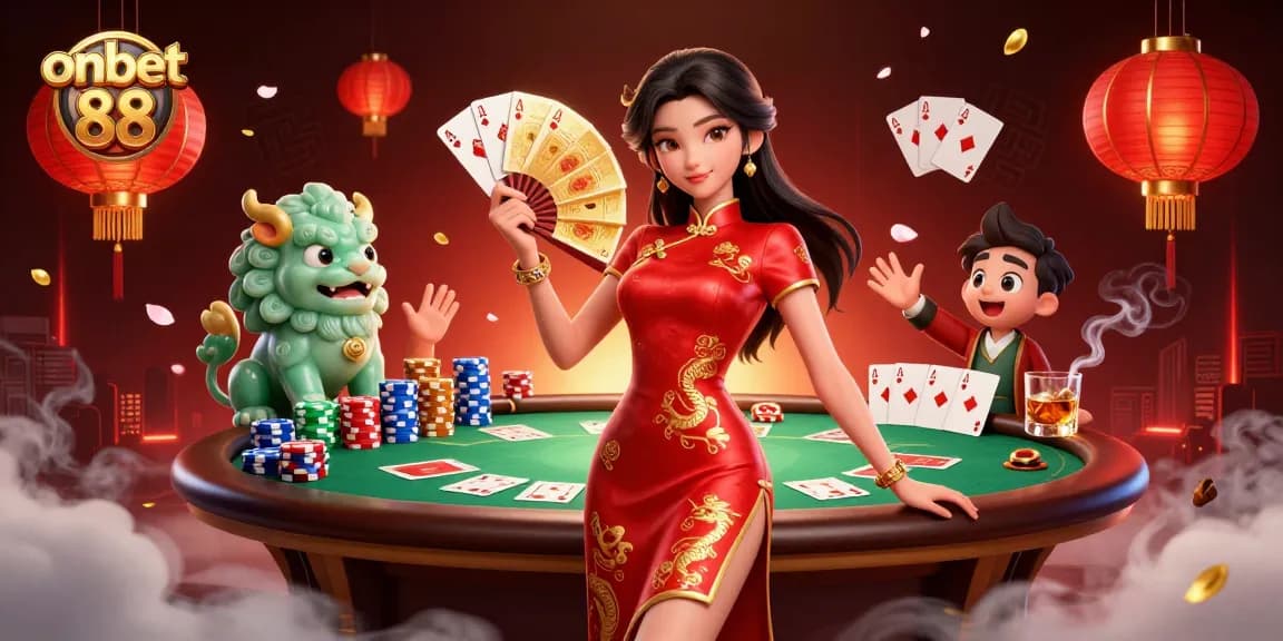 Experience exciting games at onbet 88 with a stunning illustration of a 3D casino setting.