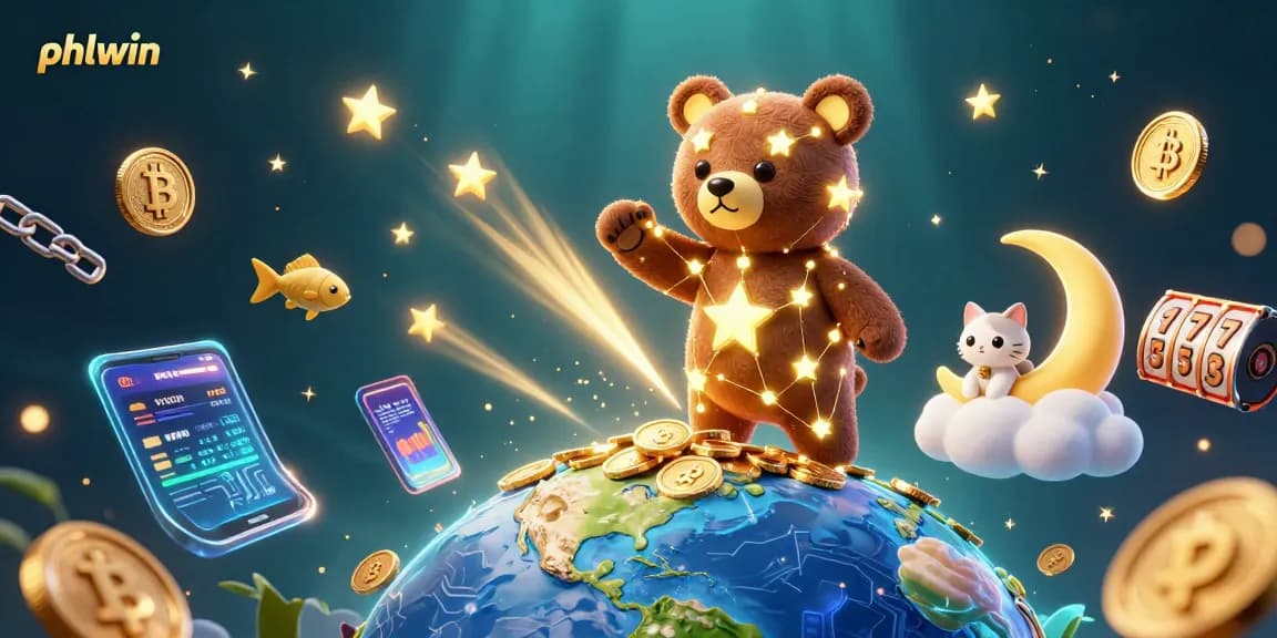 Experience thrilling gameplay at phlwin with a vibrant 3D casino scene full of stars and cryptocurrencies.