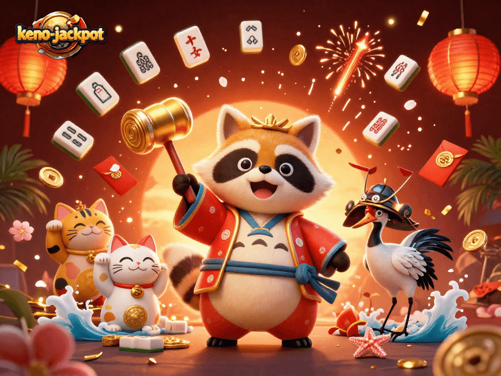 Participate in the thrilling keno-jackpot game with vibrant 3D characters celebrating luck and fortune.