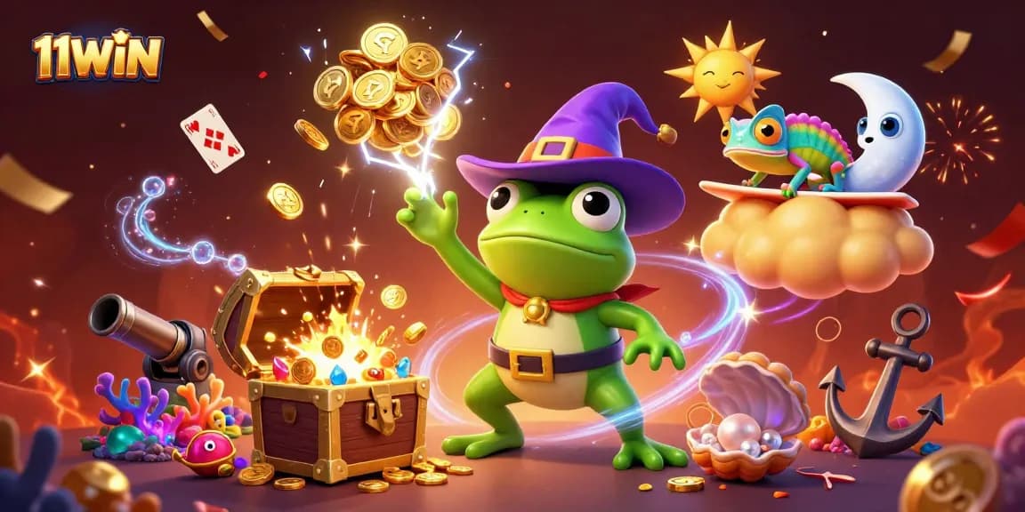 Experience thrilling wins with 11WIN at this vibrant casino celebration scene, featuring golden coins and playful characters.