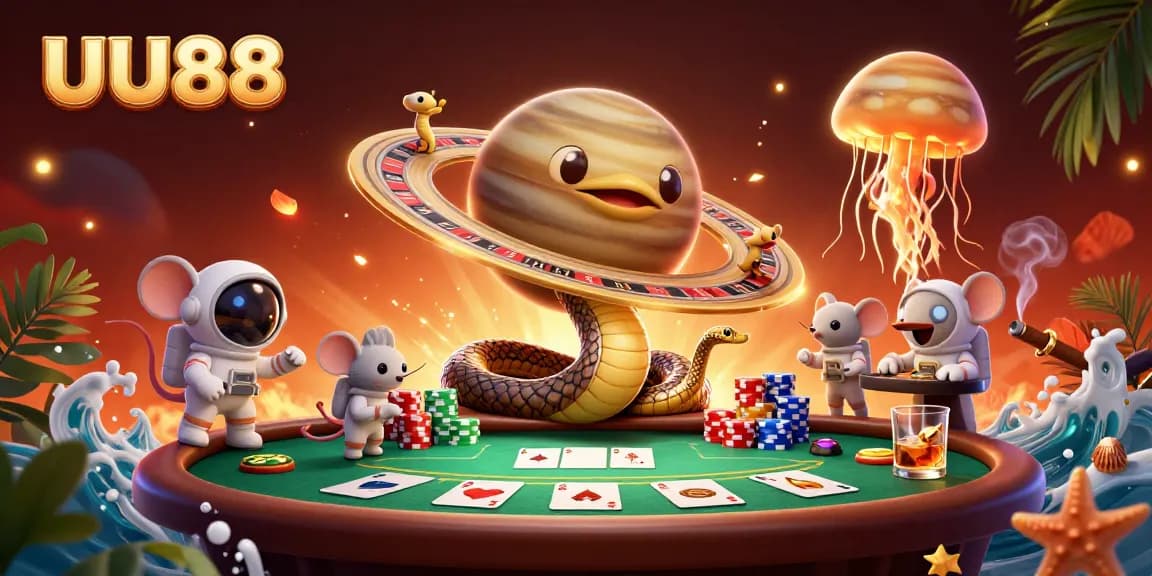 Betting action on UU88's cosmic roulette with Saturn, astronaut mice, and a golden jellyfish dealer.