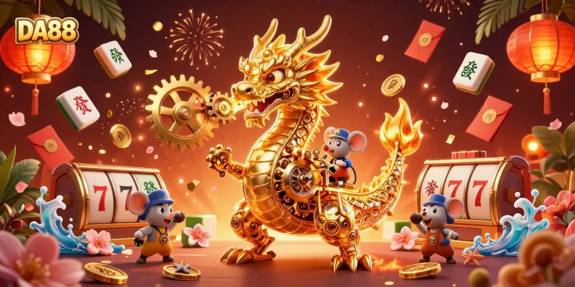 Engage with DA88's thrilling casino experience featuring a golden dragon amidst slot game elements.