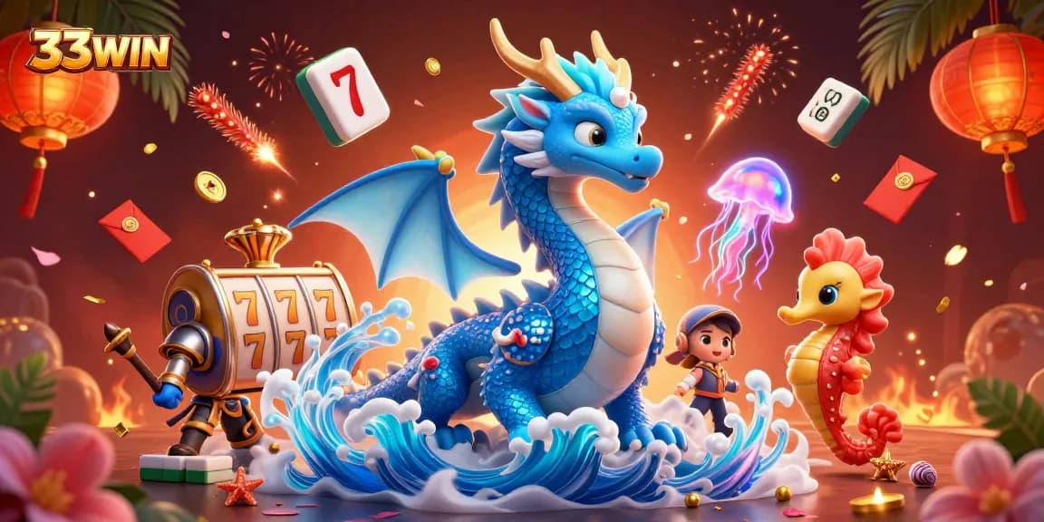 Experience excitement with the 33WIN dragon as it spins slot reels and illuminates neon jellyfish.