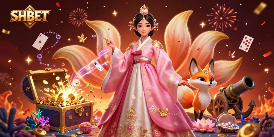 Engage with SHBET's vibrant casino experience featuring a lucky nine-tailed fox amidst golden treasures.