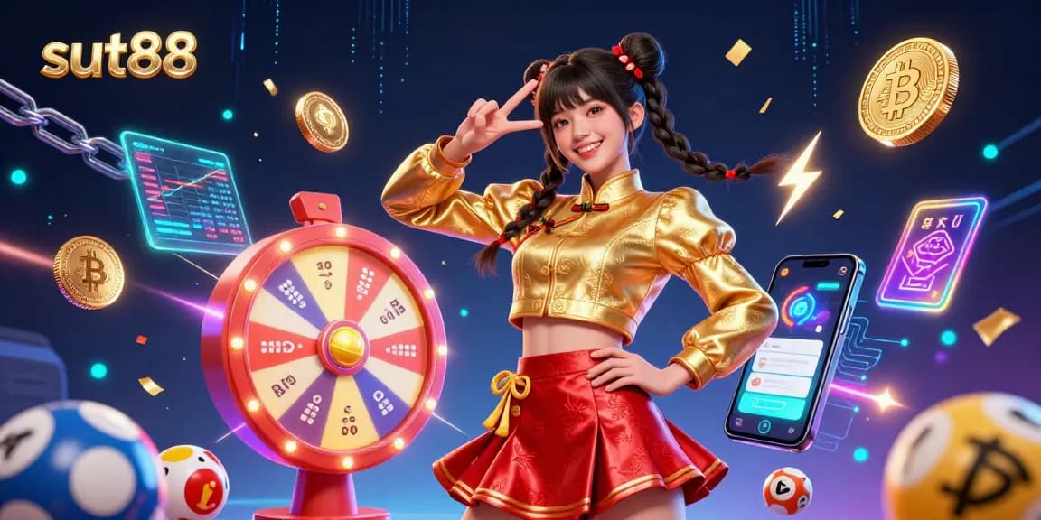 Experience excitement at sut88 with a vibrant casino scene brimming with winning lottery balls and neon coins.