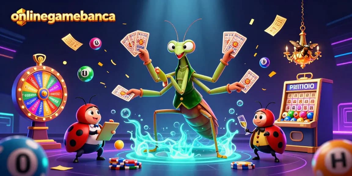 Experience thrilling moments with onlinegamebanca, as a giant mantis sharp deals cards and champagne.