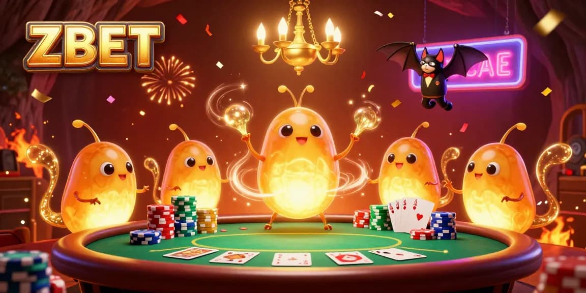 ZBET casino scene with glowworms lighting up a vibrant cave, poker game elements around them.