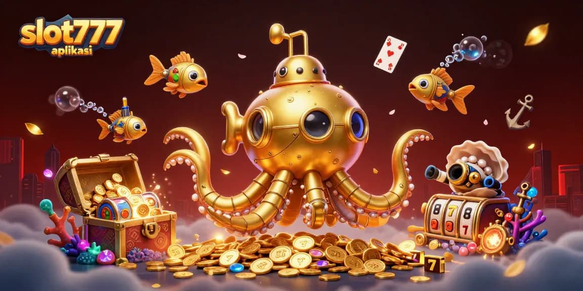 Engage in the excitement of slot777 aplikasi with a vibrant 3D illustration showcasing a kraken submarine, gold coins, and slot reels.