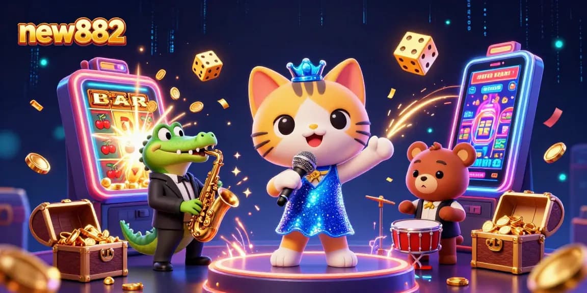 Experience excitement at new882 with colorful slot machines, characters singing, and coins flying!