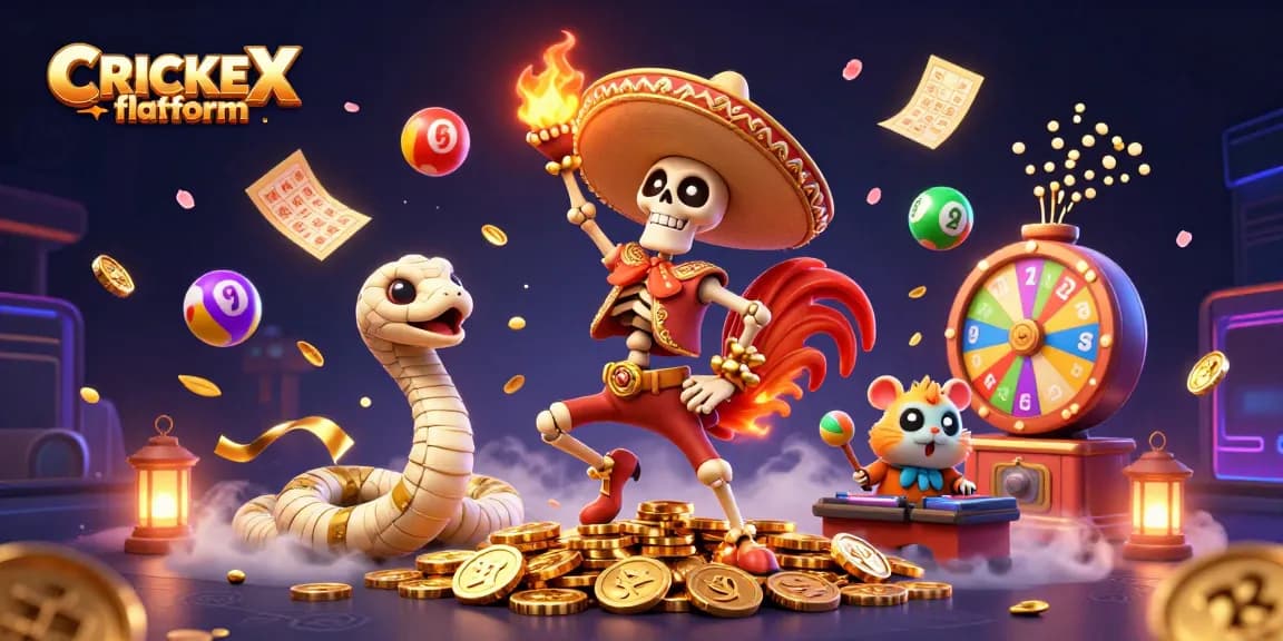 Engage with CRICKEX flatform through thrilling animated characters celebrating victory among vibrant gambling elements.
