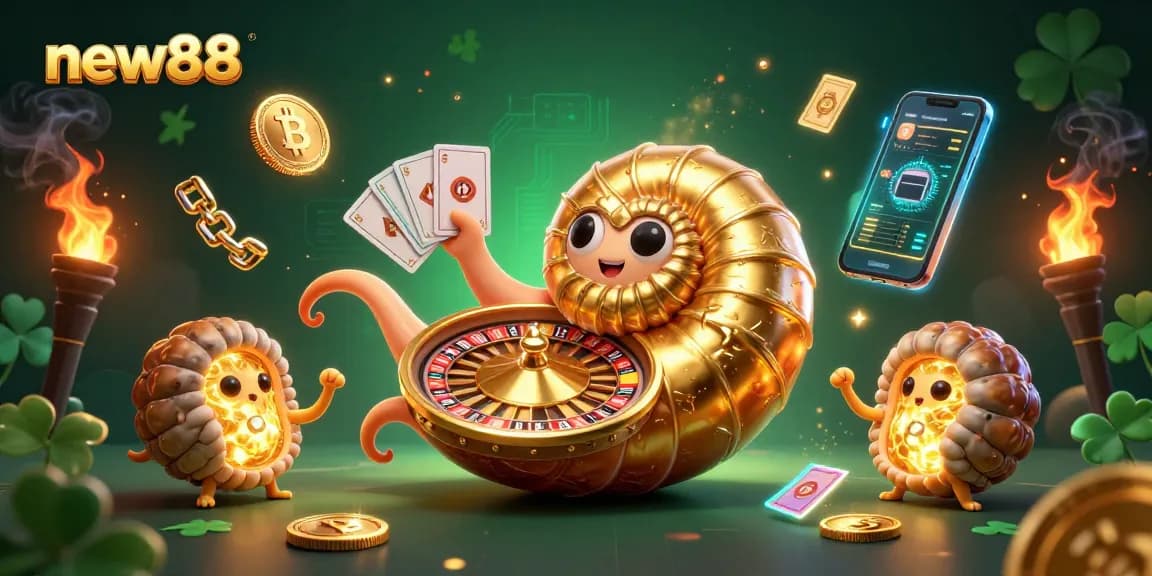 Experience thrilling gameplay with new88, featuring a giant nautilus and crypto elements in a vibrant casino scene.