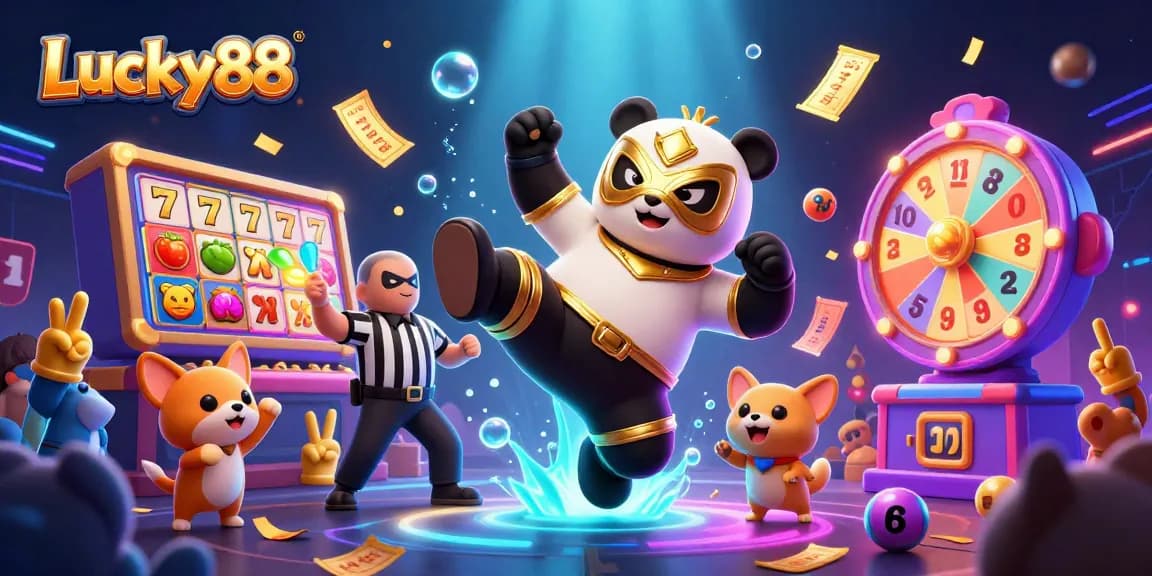 Experience the excitement of Lucky88 with vibrant casino elements and dynamic action in this engaging illustration.