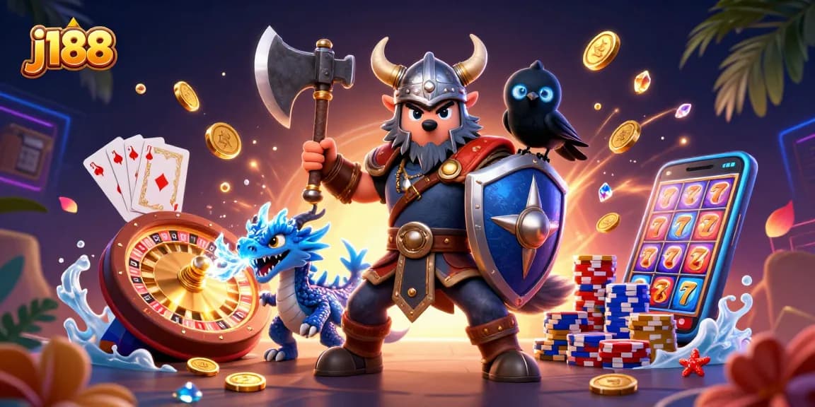 Experience the excitement of j188 casino with a dynamic scene featuring a Viking warrior and treasures.
