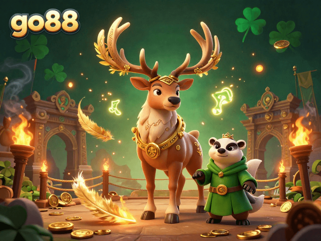 Experience exhilarating gameplay at go88 with our vibrant 3D illustration showcasing mythical characters and casino elements.