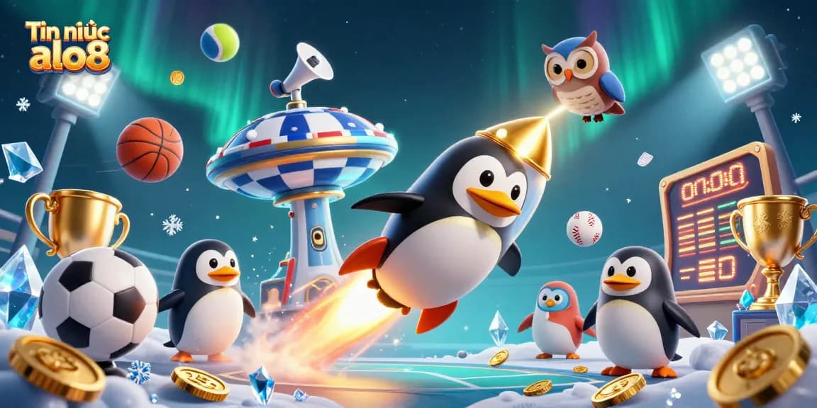Tin tức alo8 reveals an animated penguin racing through a vibrant casino space, surrounded by dynamic sports elements.
