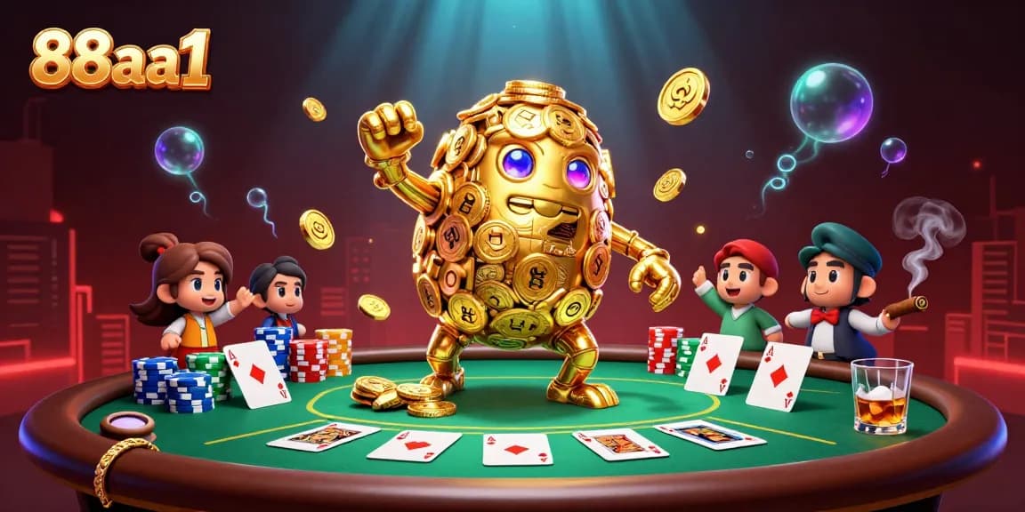 Revel in the excitement of 88aa1 with this dynamic 3D gambling scene featuring a golden golem amidst a vibrant poker setting.